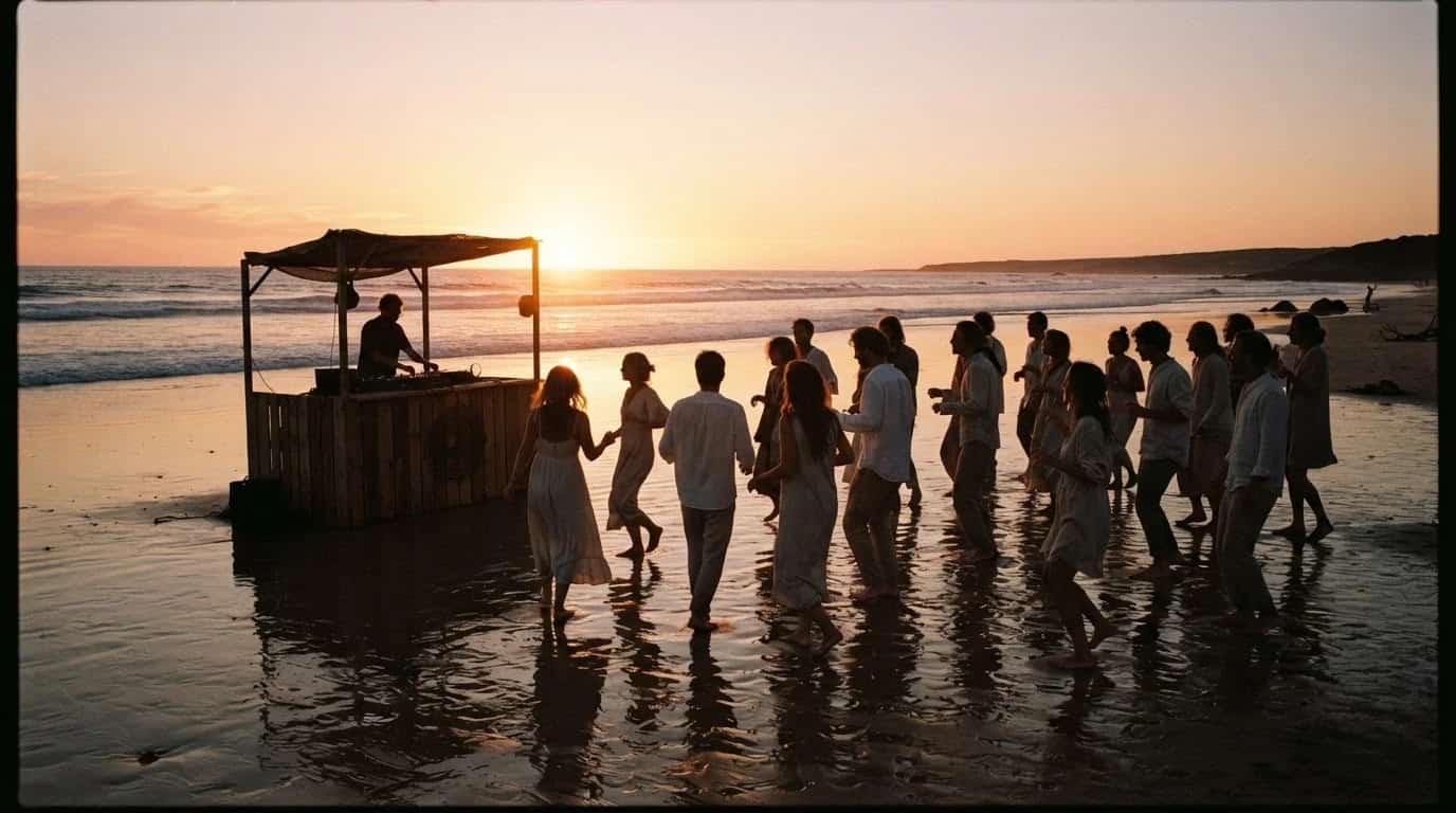 Golden-hour beach session with divers unwinding to music by the ocean