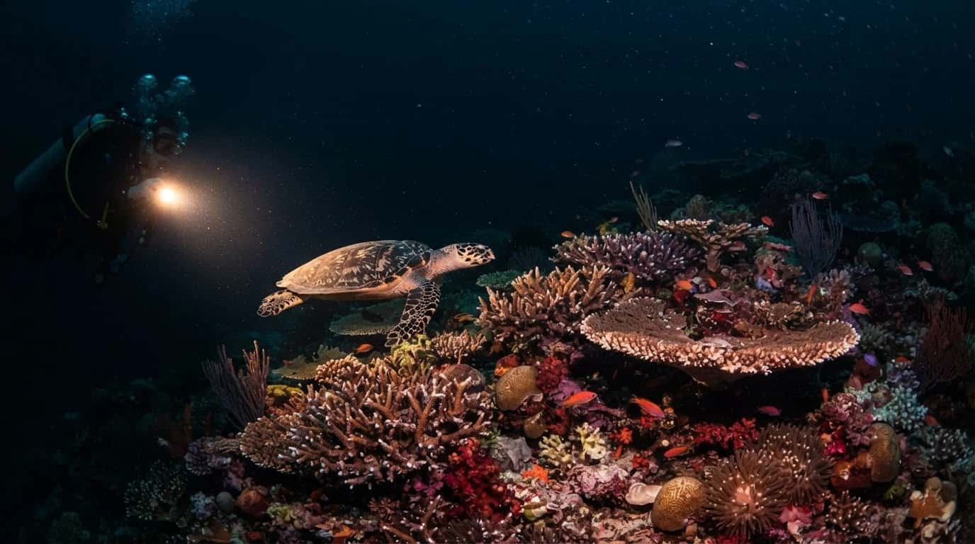 Diver exploring a vibrant coral reef alongside a sea turtle