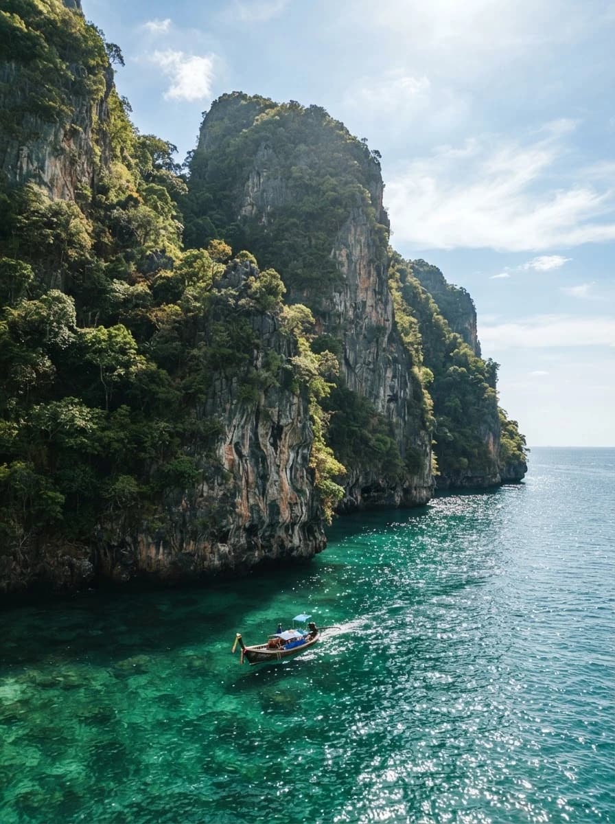 Longtail boat on clear emerald water beneath Phuket limestone cliffs