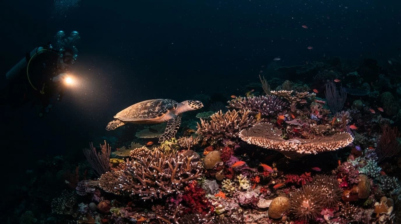 Night reef with a sea turtle gliding over dark coral